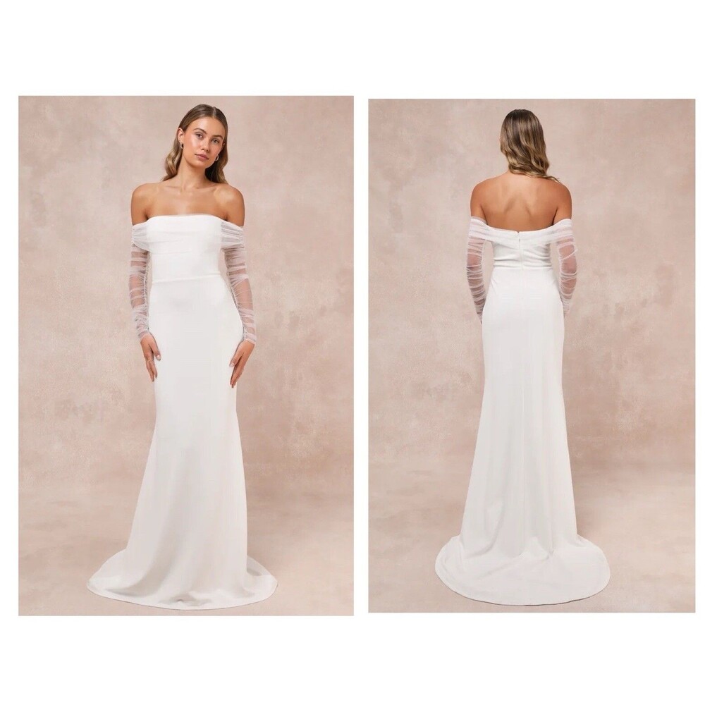 Lulu's White Off-Shoulder Sheath Wedding Dress with Illusion Sleeves